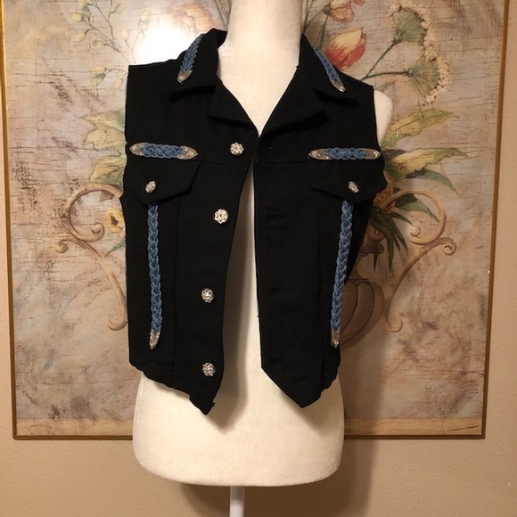Sz S Watch LA Vintage 90’s Boho Western Black Denim Vest Rodeo - Picture 1 of 16